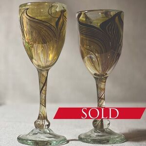 Art  Blown Glass Goblet 1982 SET Of 2 Vintage Signed Bruce Freund, Marbled
